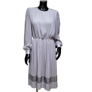 Dim The Lites Petites Lavender Grey Pleated Midi Dress Satin Trim Size 6 Vintage